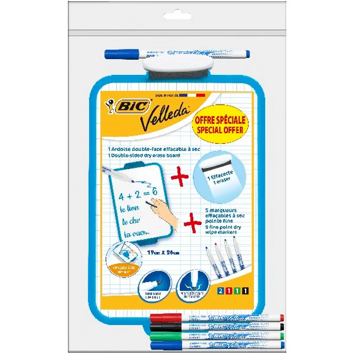 3086123466012-BIC - Ardoise Velleda blanche double face - 19 x 26 cm - 5 marqueurs fins + effacette --0