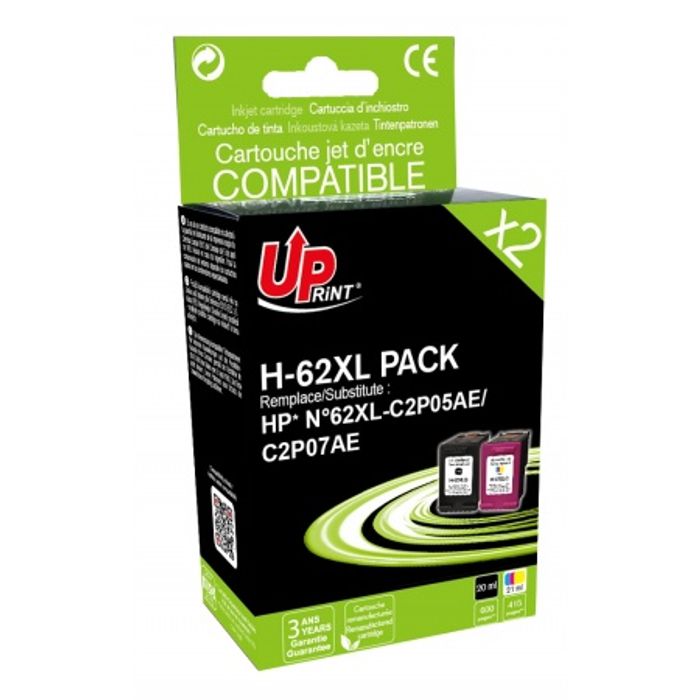 3584770903879-Cartouche compatible HP 62XL - pack de 2 - noir, cyan, magenta, jaune - Uprint--0