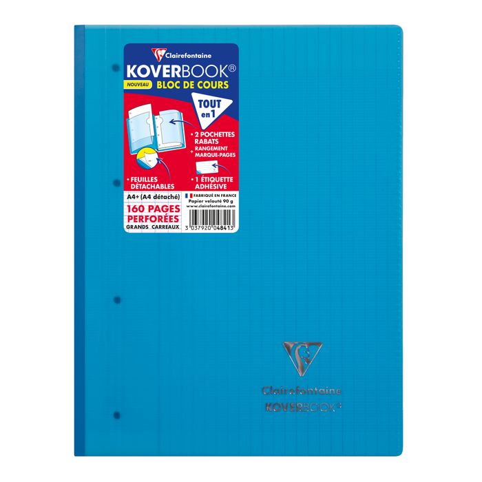 3037920048413-Clairefontaine Koverbook - Bloc de cours agrafé A4+ - 160 pages détachables perforées - grands carreaux (Seyes) - disponible dans diff--1