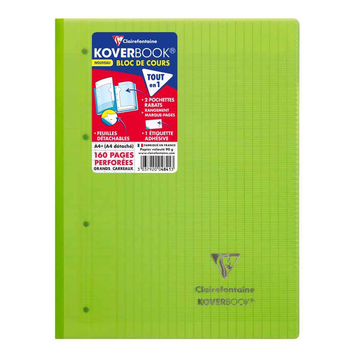 3037920048413-Clairefontaine Koverbook - Bloc de cours agrafé A4+ - 160 pages détachables perforées - grands carreaux (Seyes) - disponible dans diff--5