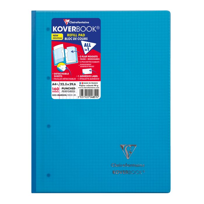 3037920048512-Clairefontaine Koverbook - Bloc de cours agrafé A4+ - 160 pages détachables perforées - petits carreaux (5x5 mm) - disponible dans diff--1