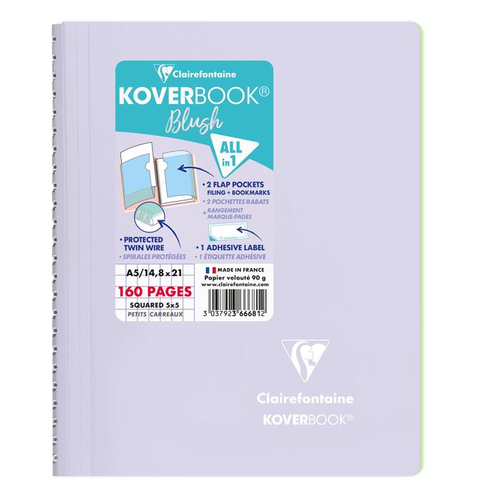 3037923666812-Clairefontaine Koverbook - Cahier polypro A5 - 160 pages - petits carreaux (5x5 mm) - disponible dans différentes--3