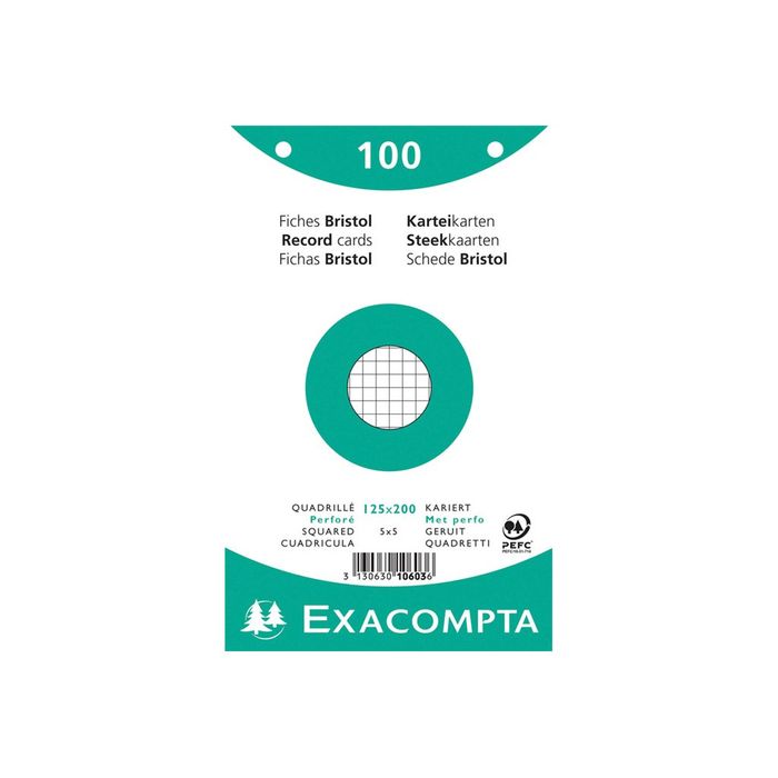 3130631106035-Exacompta - 12 Packs de 100 Fiches Bristol - 12,5 x 20 cm - petits carreaux - perforées - blanc-Avant-1