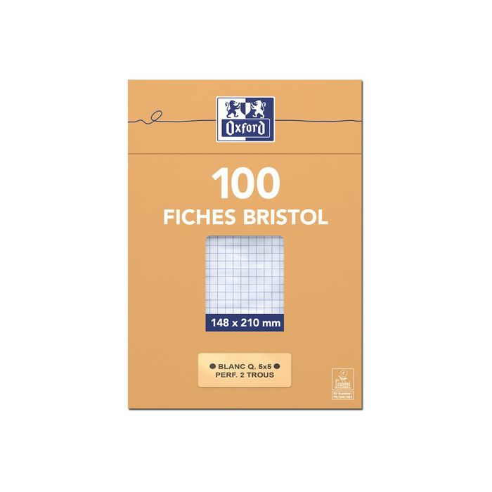 3020122361206-Oxford - Pack de 100 Fiches Bristol - A5 - petits carreaux - perforées - blanc-Avant-1