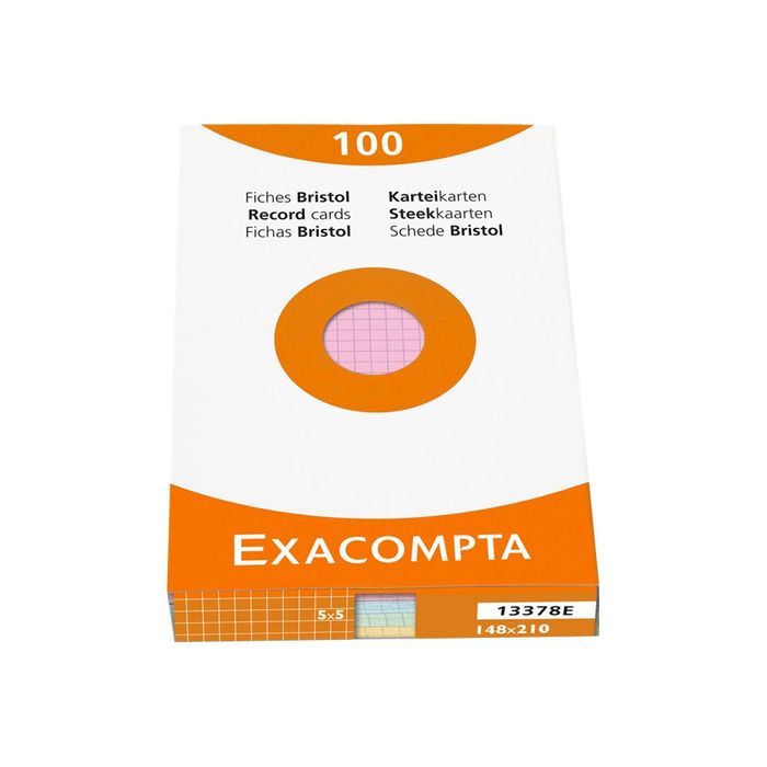 3130630133780-Exacompta - Pack de 100 Fiches Bristol - A5 - petits carreaux - non perforées - couleurs assortie-Avant-1