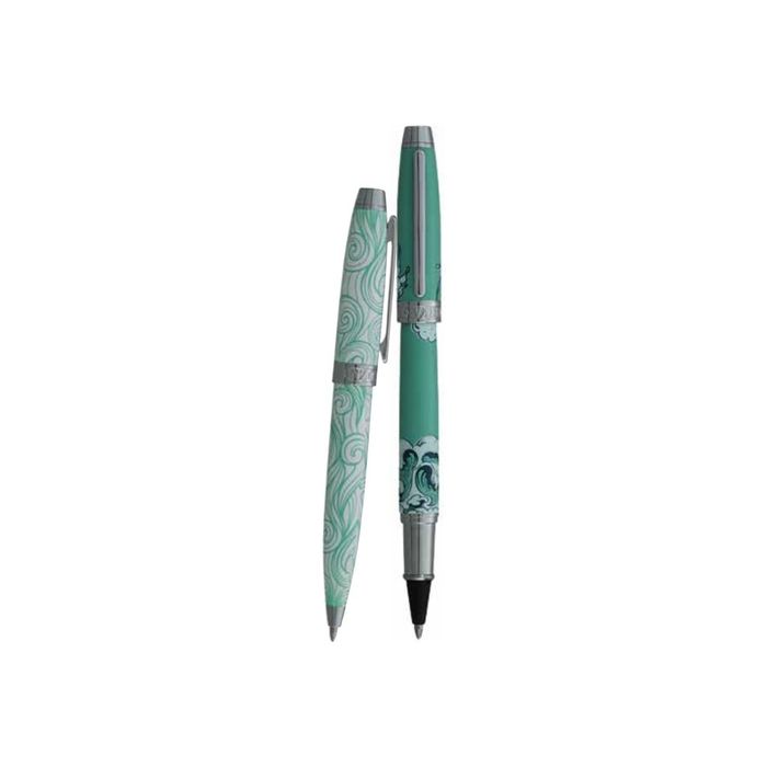 3219918262753-Enzo Varini Mini Taormina Tropea - Parure de stylo à bille et roller - acier blanc et vert motif -Avant-0