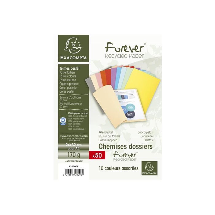 3130634202000-Exacompta Forever 180 - 50 Chemises - 170 gr - pour 200 feuilles - couleurs assorties-Avant-0