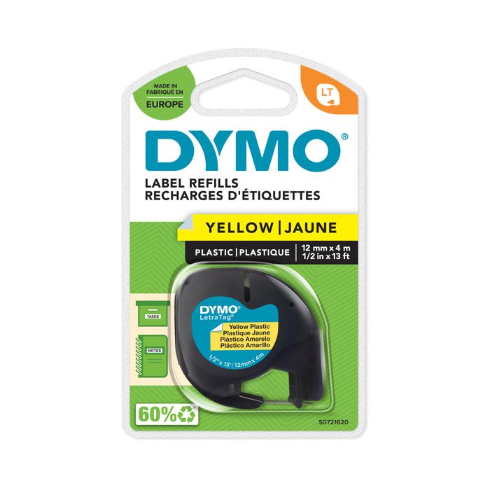 5411313912020-Dymo LetraTAG - Ruban d'étiquettes plastique auto-adhésives - 1 rouleau (12 mm x 4 m) - fond jaune é--0