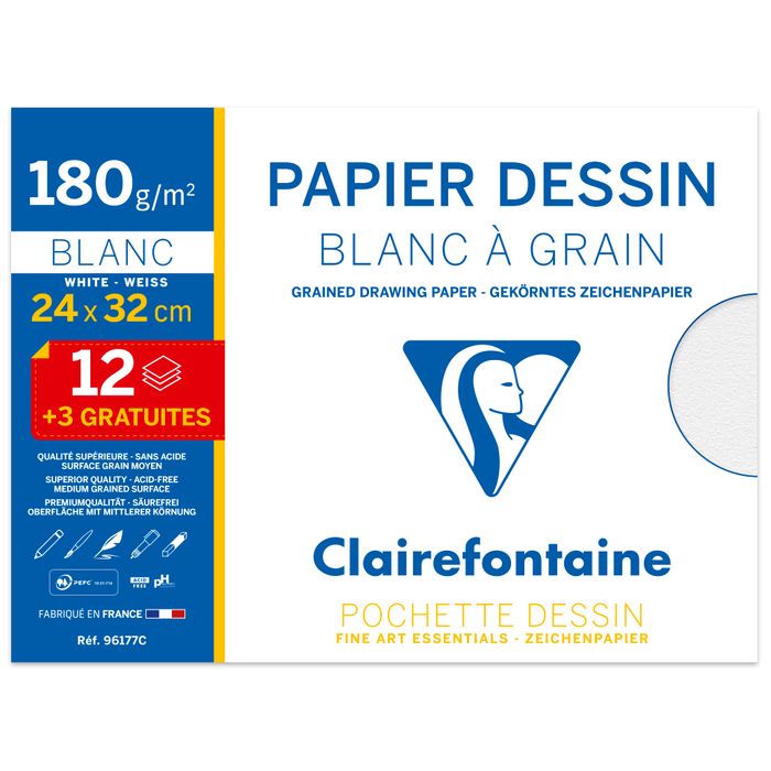 3329680961775-Clairefontaine - Pochette papier à dessin  - 15 feuilles (dont 3 gratuites) - 24 x 32 cm - 180 gr - bl--0