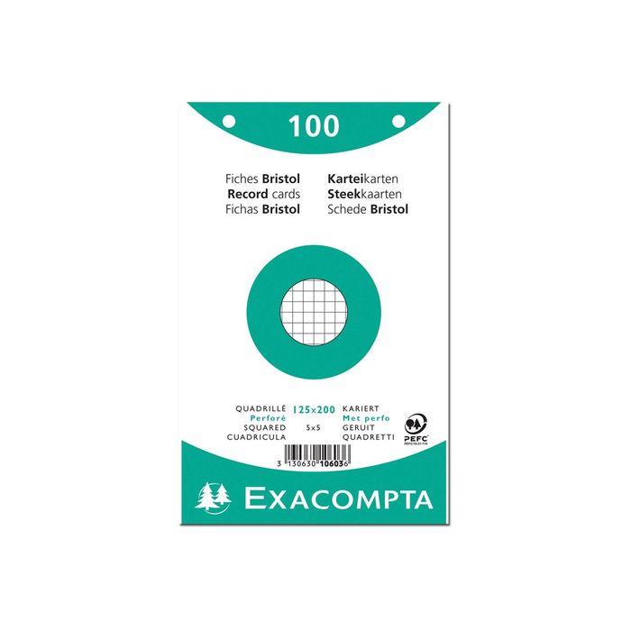 3130631106035-Exacompta - 12 Packs de 100 Fiches Bristol - 12,5 x 20 cm - petits carreaux - perforées - blanc-Avant-2