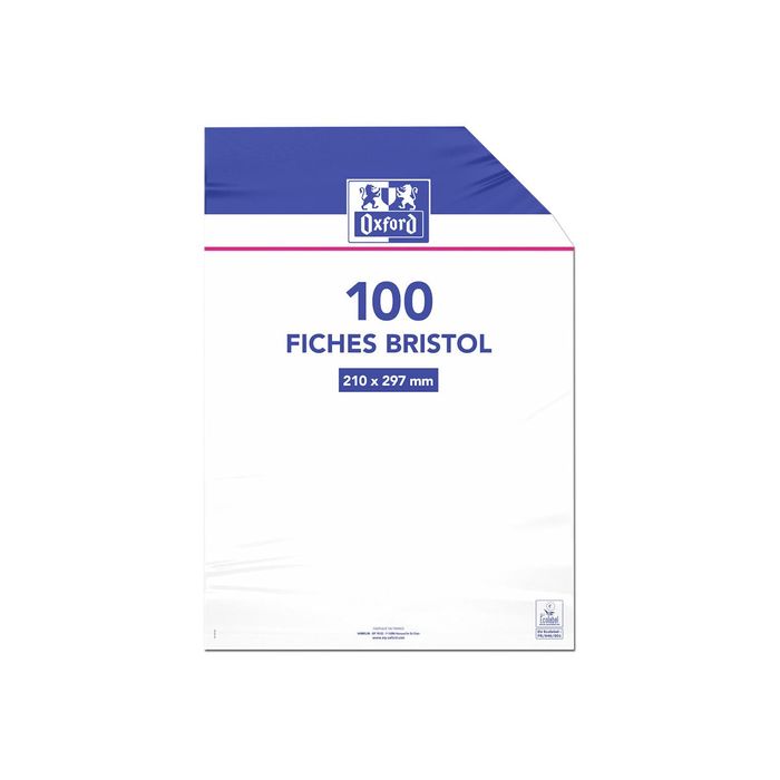 3020122170006-Oxford - Fiches Bristol - A4 - 21  x 29,7 cm - Non perforées - Blanc - Uni - Pack de 100-Avant-1