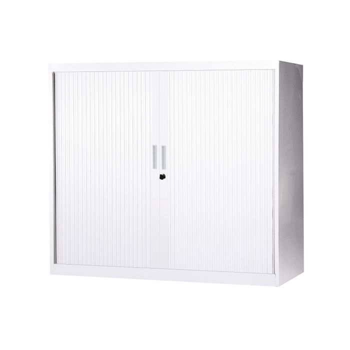 3700339871742-Armoire basse à rideaux - L120  x H105 x P43 cm - 2 tablettes - blanc--0