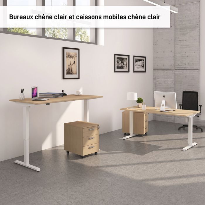 3253310160019-Bureau LEVEL - Bureau éléctrique - L140 - pied blanc - plateau Imitation Chêne clair--1