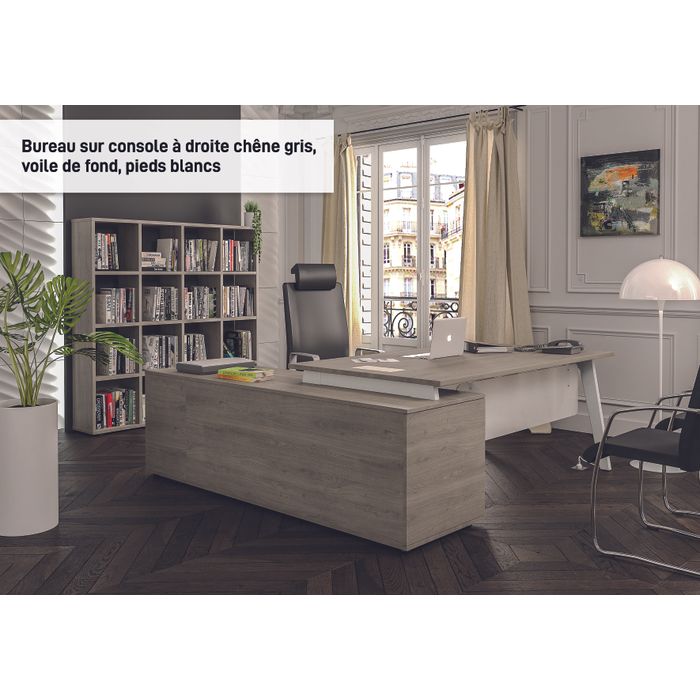 3253310163379-Bureau STEELY Manager - L180 x P100 x H72,5 cm - console retour à droite (2 tiroirs) L200 x P60 x H72,5 cm - pieds blanc - plateau imit--3