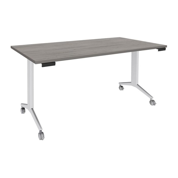 3253310160378-Table de réunion abattantes - L160 x P80 cm - pied blanc - plateau imitation chêne gris--1