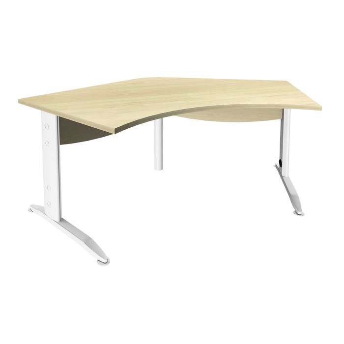 3253310150461-Bureau symétrique 120° IDRA - L180 cm - Pieds blanc - plateau imitation Erable--0