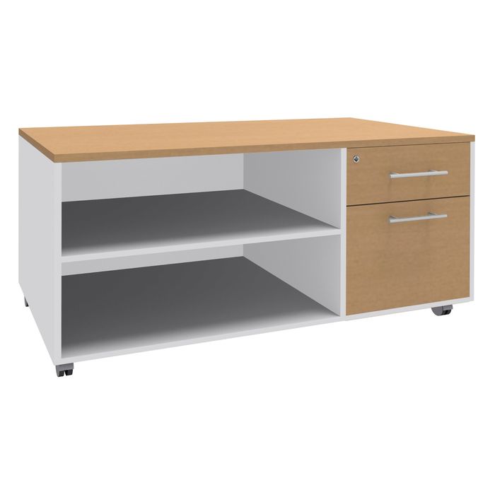 3253310160903-Console mobile LEVEL/STEELY/WOODY- L120 x H63 x P60 cm - 2 tiroirs dont 1 DS - coté Blanc - finition façade et dessus--0