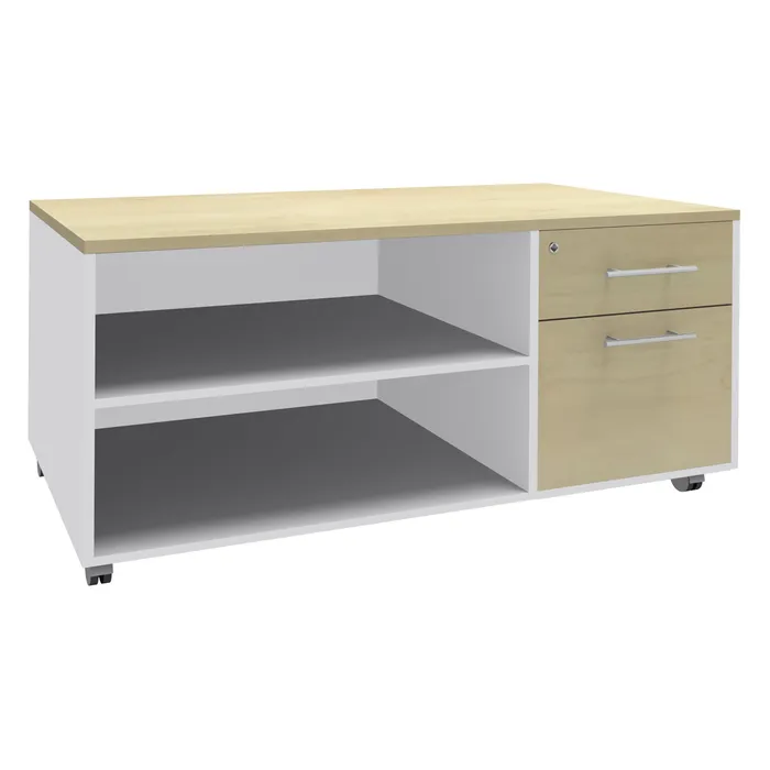 3253310163577-Console mobile LEVEL/STEELY/WOODY- L120 x H63 x P60 cm - 2 tiroirs dont 1 DS - coté Blanc - finition façade et dessus--0