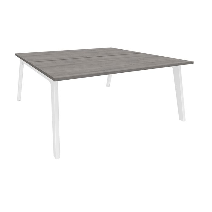 3253310157866-Bureau double STEELY - L140 cm - Double face Depart - Pieds blanc - plateau imitation Chêne gris--0