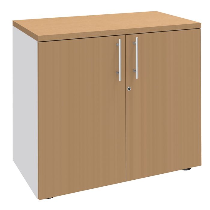 2012348123783-Armoire basse IDRA/DUAL - H72 x L80 x P47 - 2 portes - Corps blanc - Dessus et portes imitation Hêtre--0