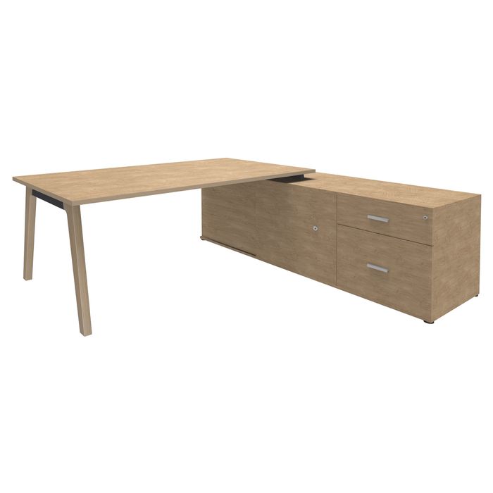 3253310171800-Bureau WOODY Manager - L210 x P100 x H72,5 cm - console retour à droite L200 x P60 cm - pieds carbone - plateau imita--0