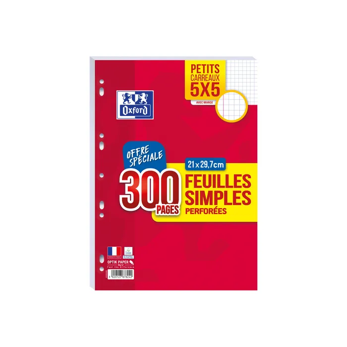 3020127878242-Oxford - feuilles simples A4 - 300 pages - petits carreaux (5x5 mm) - perforées-Avant-0