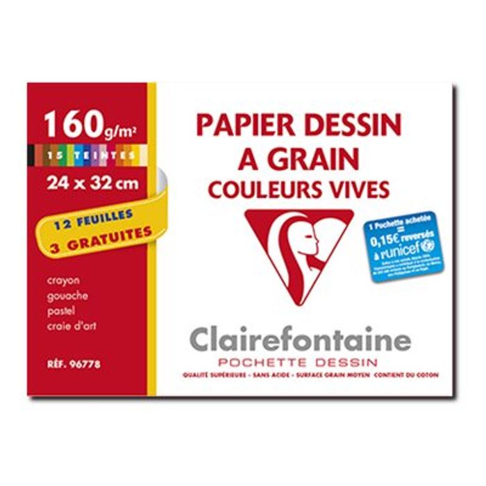 3329680967784-Clairefontaine Dessin à Grain - Pochette papier à dessin  - 15 feuilles - 24 x 32 cm - 160 gr - -Avant-0