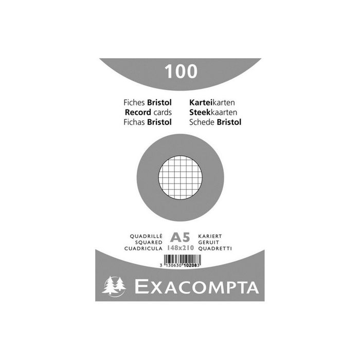 3130631102082-Exacompta - 10 Packs de 100 Fiches Bristol - A5 - petits carreaux - non perforées - blanc-Avant-1