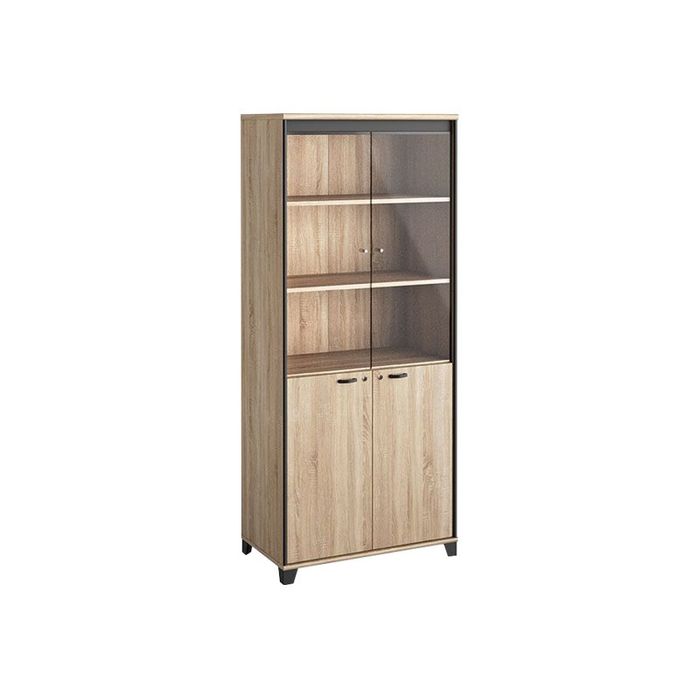 3483600874382-Armoire haute MAMBO - L80 x H187 x P46 - 2 portes vitrées, 2 portes pleines - Chêne Sonom-Angle gauche-0