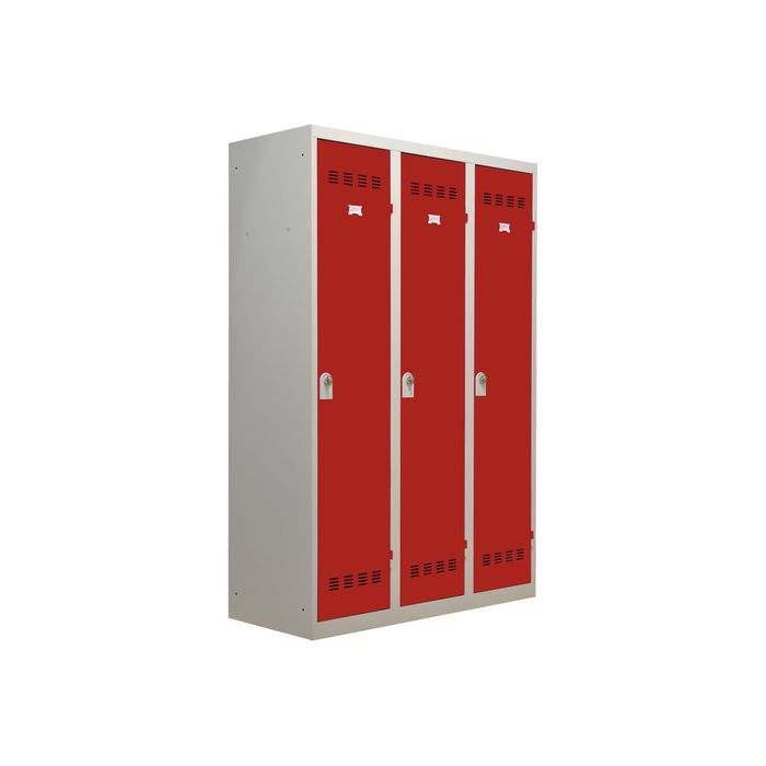 3219093114120-Vestiaire Industrie Salissante - 3 portes - 180 x 120 x 50 cm - gris/rouge-Angle gauche-0