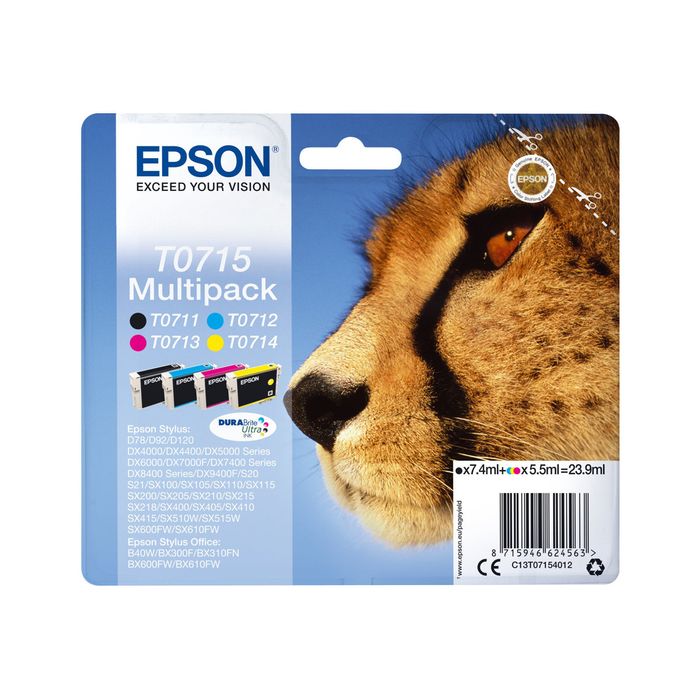 8715464633085-Epson T0715 Guépard - Pack de 4 - noir, cyan, magenta, jaune - cartouche d'encre originale-Avant-1