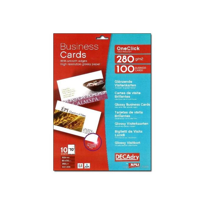 5413493180169-Apli DECAdry - Papier pour 100 cartes de visite brillantes 85 x 54 mm - 280 g/m² - 10 feuilles-Avant-0