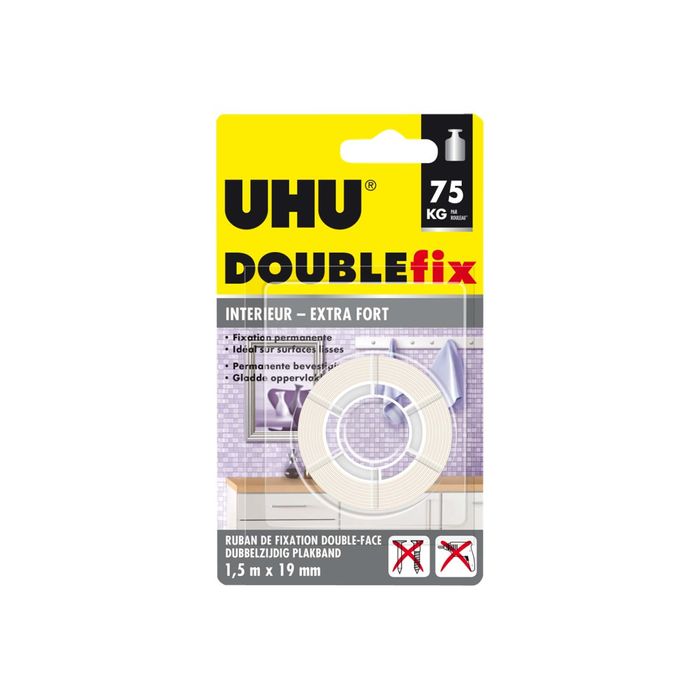 4026700369151-UHU DOUBLEfix Extra fort - Ruban adhésif double face - 19 mm x 1,5 m-Avant-0