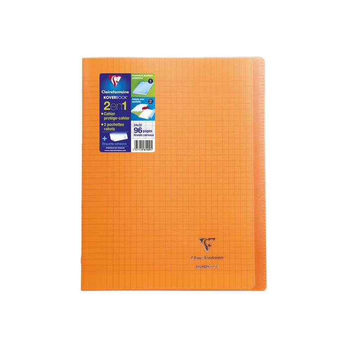 3037929814095-Clairefontaine Koverbook - Cahier polypro 24 x 32 cm - 96 pages - grands carreaux (Seyes) - orange-Avant-0