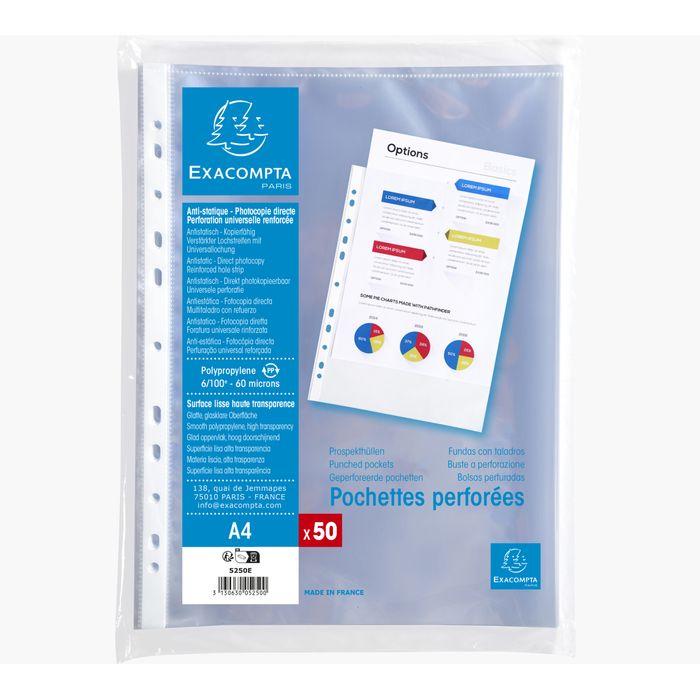 3130630052500-Exacompta - 50 Pochettes plastique perforées - A4 - PP lisses - cristal 6/100E--0