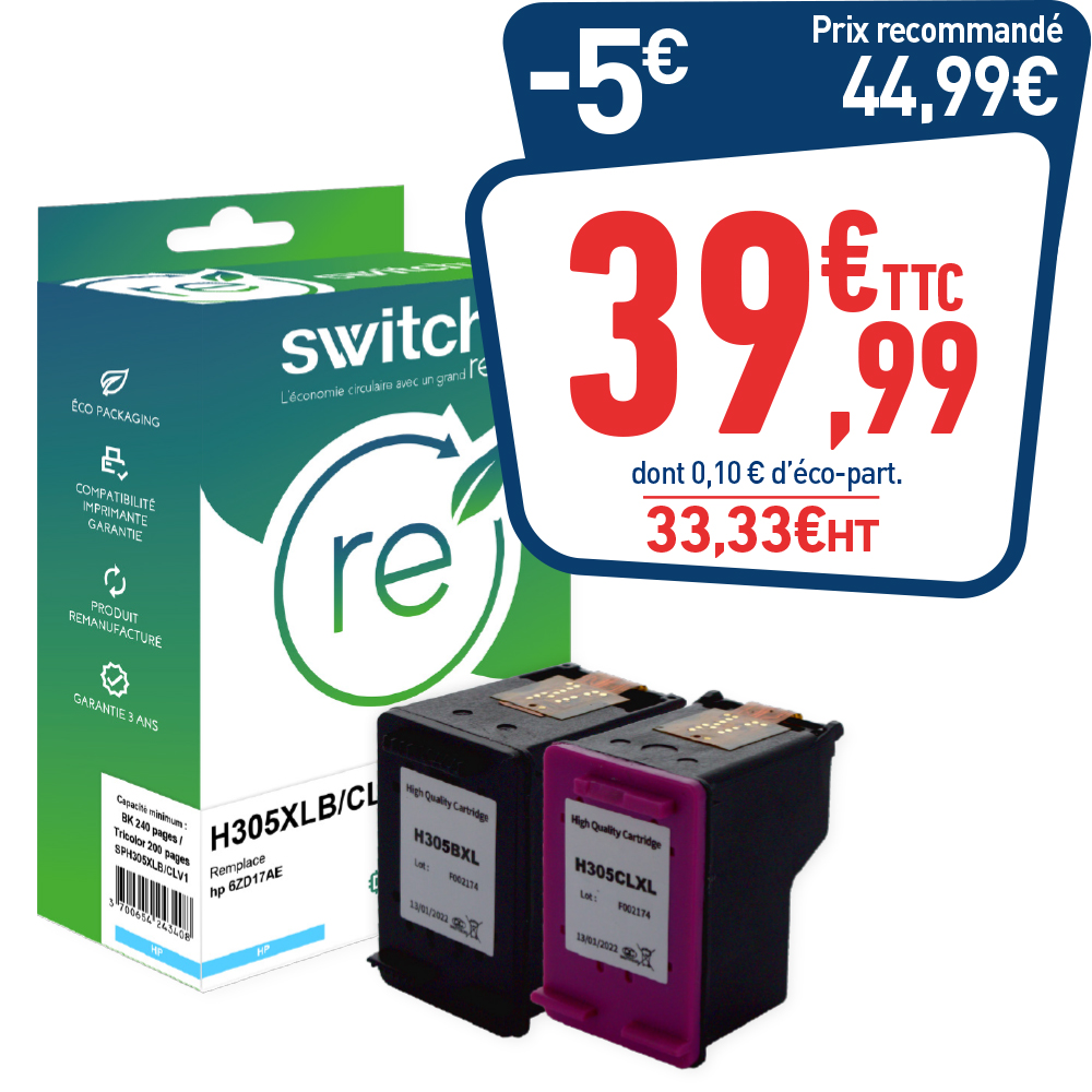 PACK DE 2 CARTOUCHES D’ENCRE REMANUFACTURÉES HP 305XL